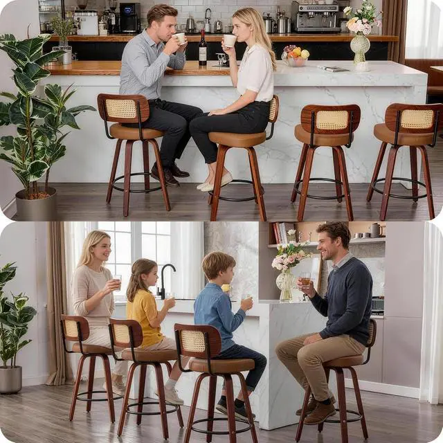Alt view image 7 of 7 - Natural Rattan Bar Stools Set of 2,Upholstered PU Leather, 26 Counter Height Barstools with Back and Wood Legs,360°Swivel,Mid-Century Modern Bar Stool for Kitchen Island Dining Room and Bar(Brown)