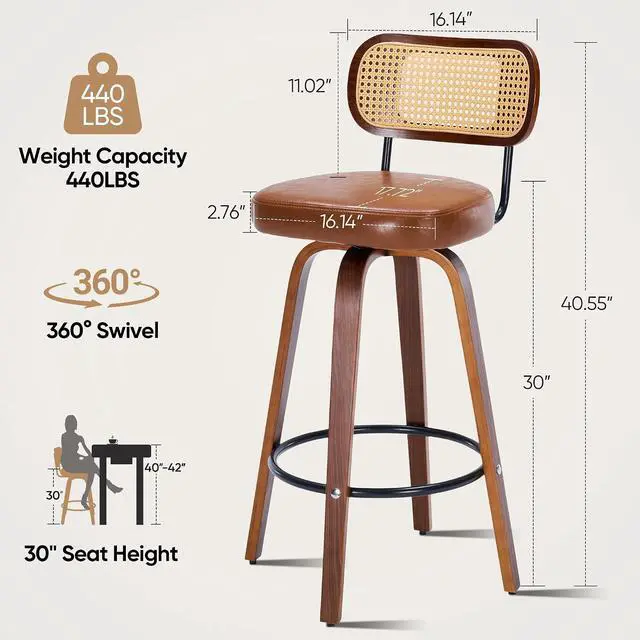 Alt view image 2 of 7 - Rattan Bar Stools Set of 2,Upholstered PU Leather, 30''Counter Height Barstools with Back and Wood Legs,360°Swivel,Mid-Century Modern Bar Stool for kitchen Island Dining Room and Bar(Vintage Brown)