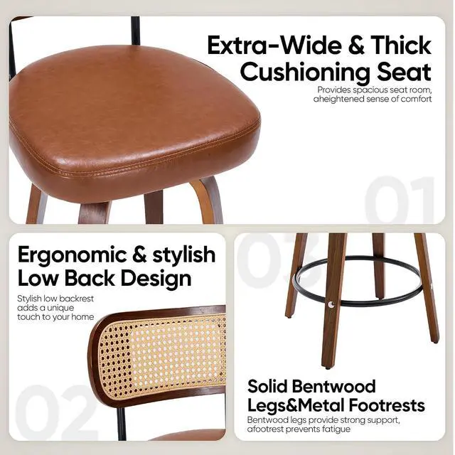Alt view image 3 of 7 - Rattan Bar Stools Set of 2,Upholstered PU Leather, 30''Counter Height Barstools with Back and Wood Legs,360°Swivel,Mid-Century Modern Bar Stool for kitchen Island Dining Room and Bar(Vintage Brown)