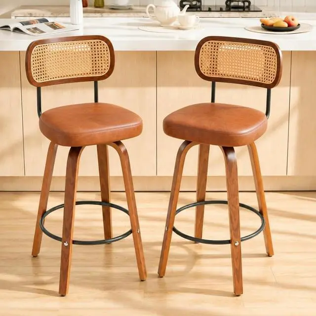 Main image of Rattan Bar Stools Set of 2,Upholstered PU Leather, 30''Counter Height Barstools with Back and Wood Legs,360°Swivel,Mid-Century Modern Bar Stool for kitchen Island Dining Room and Bar(Vintage Brown)
