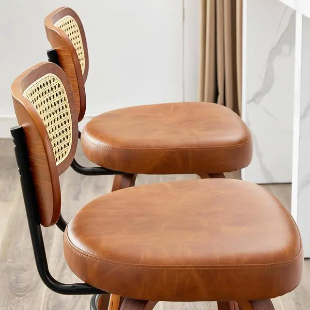 Alt view image 5 of 7 - Rattan Bar Stools Set of 2,Upholstered PU Leather, 30''Counter Height Barstools with Back and Wood Legs,360°Swivel,Mid-Century Modern Bar Stool for kitchen Island Dining Room and Bar(Vintage Brown)