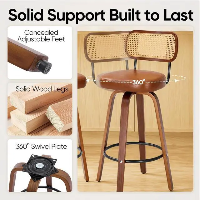 Alt view image 4 of 7 - Rattan Bar Stools Set of 2,Upholstered PU Leather, 30''Counter Height Barstools with Back and Wood Legs,360°Swivel,Mid-Century Modern Bar Stool for kitchen Island Dining Room and Bar(Vintage Brown)