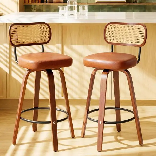 Alt view image 6 of 7 - Rattan Bar Stools Set of 2,Upholstered PU Leather, 30''Counter Height Barstools with Back and Wood Legs,360°Swivel,Mid-Century Modern Bar Stool for kitchen Island Dining Room and Bar(Vintage Brown)