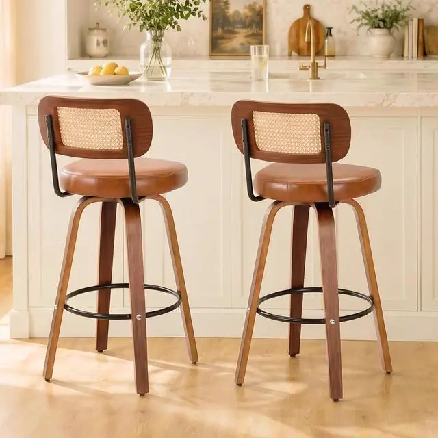 Alt view image 7 of 7 - Rattan Bar Stools Set of 2,Upholstered PU Leather, 30''Counter Height Barstools with Back and Wood Legs,360°Swivel,Mid-Century Modern Bar Stool for kitchen Island Dining Room and Bar(Vintage Brown)