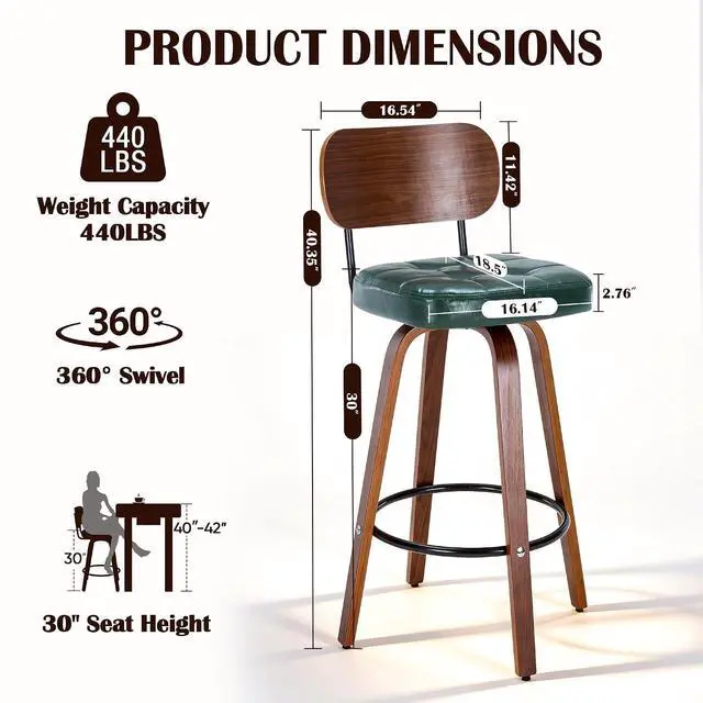 Alt view image 2 of 7 - KEEZY Bar Stools Set of 2, 30''Counter Height Barstools with Backrest, Wax Leather Upholstered Bar Chairs, Walnut Bentwood Legs Footrest, Barstools for Home Bar Cafe PubGreen