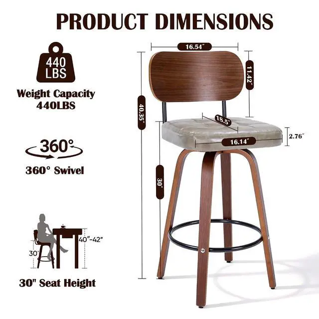 Alt view image 2 of 7 - KEEZY Bar Stools Set of 2, 30''Counter Height Barstools with Backrest, Wax Leather Upholstered Bar Chairs, Walnut Bentwood Legs Footrest, Barstools for Home Bar Cafe PubGray