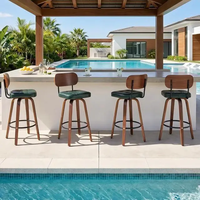 Alt view image 7 of 7 - KEEZY Bar Stools Set of 2, 30''Counter Height Barstools with Backrest, Wax Leather Upholstered Bar Chairs, Walnut Bentwood Legs Footrest, Barstools for Home Bar Cafe PubGreen