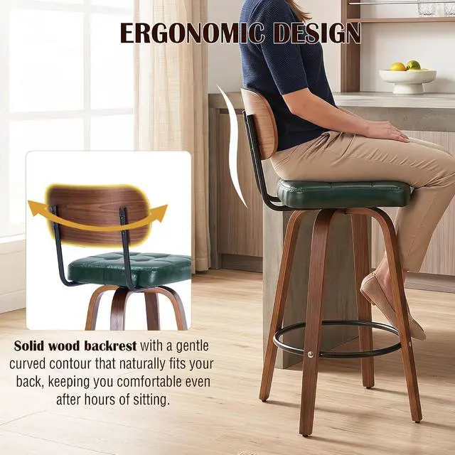 Alt view image 5 of 7 - KEEZY Bar Stools Set of 2, 30''Counter Height Barstools with Backrest, Wax Leather Upholstered Bar Chairs, Walnut Bentwood Legs Footrest, Barstools for Home Bar Cafe PubGreen