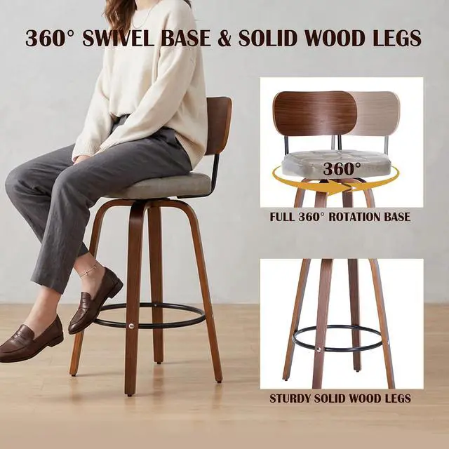 Alt view image 5 of 7 - KEEZY Bar Stools Set of 2, 30''Counter Height Barstools with Backrest, Wax Leather Upholstered Bar Chairs, Walnut Bentwood Legs Footrest, Barstools for Home Bar Cafe PubGray