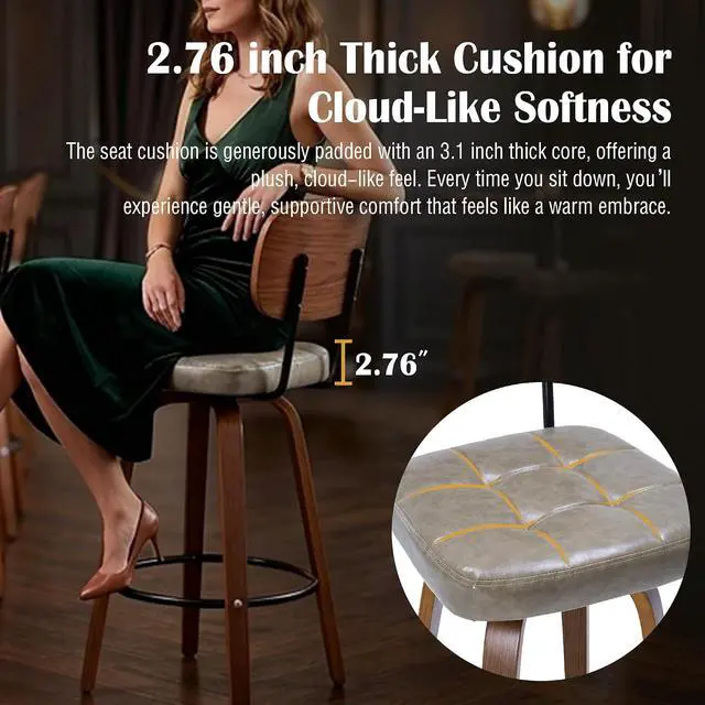 Alt view image 4 of 7 - KEEZY Bar Stools Set of 2, 30''Counter Height Barstools with Backrest, Wax Leather Upholstered Bar Chairs, Walnut Bentwood Legs Footrest, Barstools for Home Bar Cafe PubGray