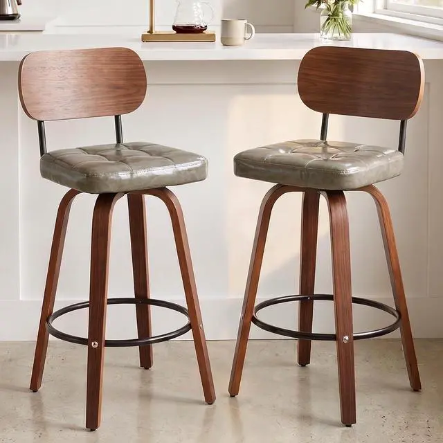 Main image of KEEZY Bar Stools Set of 2, 30''Counter Height Barstools with Backrest, Wax Leather Upholstered Bar Chairs, Walnut Bentwood Legs Footrest, Barstools for Home Bar Cafe PubGray