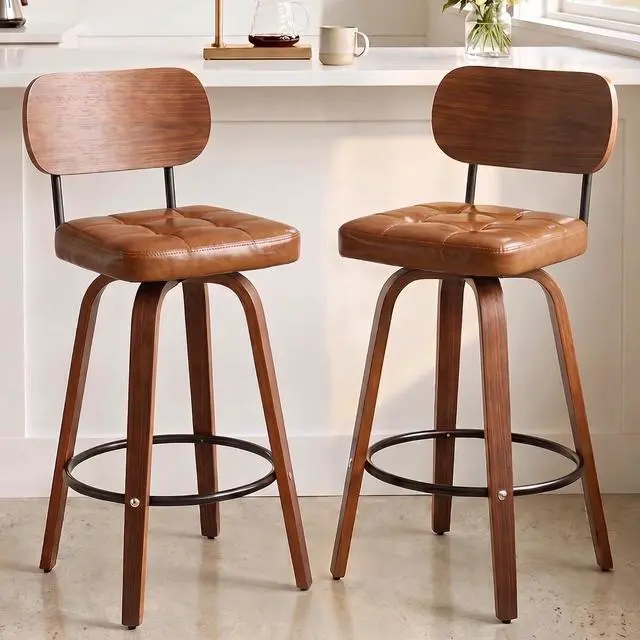 Main image of KEEZY Bar Stools Set of 2, 30''Counter Height Barstools with Backrest, Wax Leather Upholstered Bar Chairs, Walnut Bentwood Legs Footrest, Barstools for Home Bar Cafe PubBrown