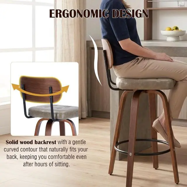 Alt view image 6 of 7 - KEEZY Bar Stools Set of 2, 30''Counter Height Barstools with Backrest, Wax Leather Upholstered Bar Chairs, Walnut Bentwood Legs Footrest, Barstools for Home Bar Cafe PubGray