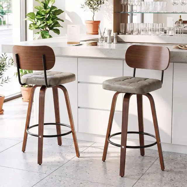 Alt view image 7 of 7 - KEEZY Bar Stools Set of 2, 30''Counter Height Barstools with Backrest, Wax Leather Upholstered Bar Chairs, Walnut Bentwood Legs Footrest, Barstools for Home Bar Cafe PubGray