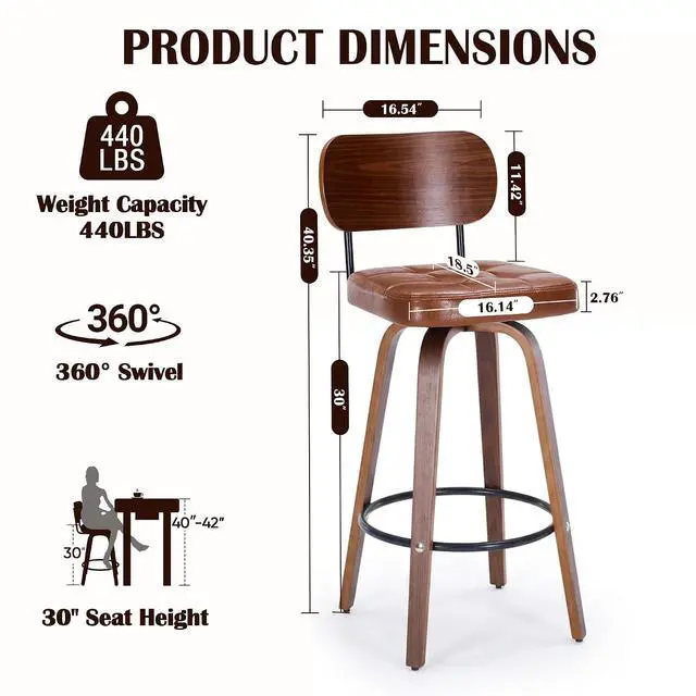 Alt view image 2 of 7 - KEEZY Bar Stools Set of 2, 30''Counter Height Barstools with Backrest, Wax Leather Upholstered Bar Chairs, Walnut Bentwood Legs Footrest, Barstools for Home Bar Cafe PubBrown