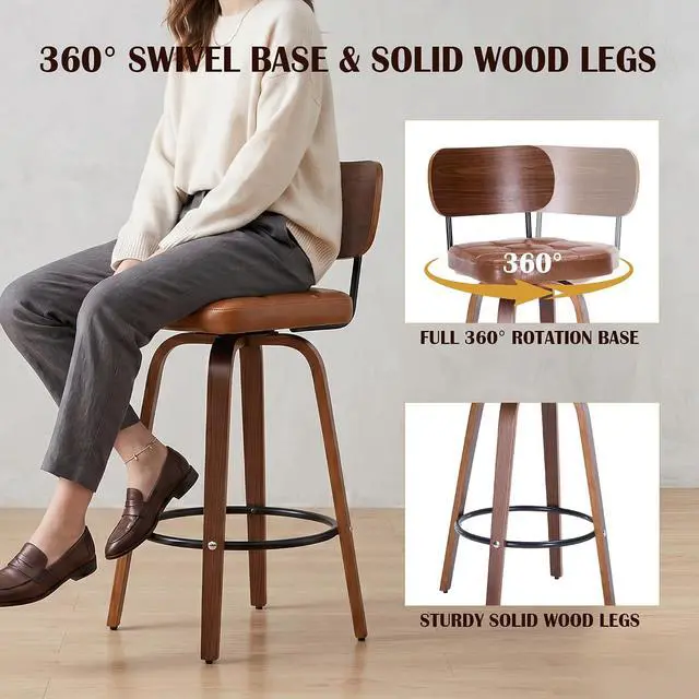 Alt view image 4 of 7 - KEEZY Bar Stools Set of 2, 30''Counter Height Barstools with Backrest, Wax Leather Upholstered Bar Chairs, Walnut Bentwood Legs Footrest, Barstools for Home Bar Cafe PubBrown