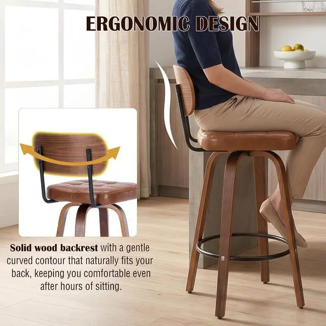 Alt view image 5 of 7 - KEEZY Bar Stools Set of 2, 30''Counter Height Barstools with Backrest, Wax Leather Upholstered Bar Chairs, Walnut Bentwood Legs Footrest, Barstools for Home Bar Cafe PubBrown