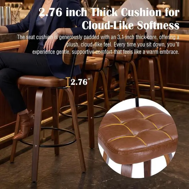 Alt view image 6 of 7 - KEEZY Bar Stools Set of 2, 30''Counter Height Barstools with Backrest, Wax Leather Upholstered Bar Chairs, Walnut Bentwood Legs Footrest, Barstools for Home Bar Cafe PubBrown