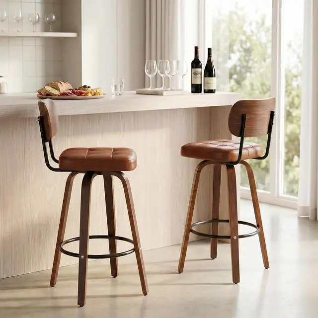 Alt view image 7 of 7 - KEEZY Bar Stools Set of 2, 30''Counter Height Barstools with Backrest, Wax Leather Upholstered Bar Chairs, Walnut Bentwood Legs Footrest, Barstools for Home Bar Cafe PubBrown