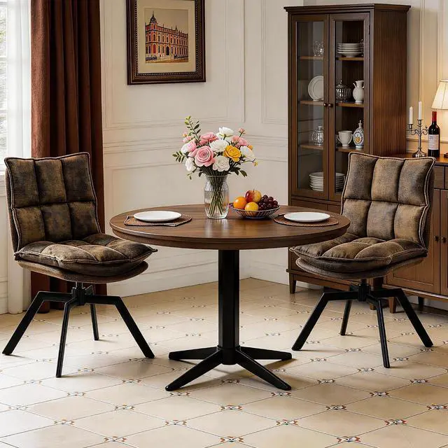 Main image of KEEZY Swivel Dining Chairs Set of 2, Mid-Century Modern Chairs with PU Leather, High Back with High-Density Stuffed PP Cotton & Automatic Swivel Metal Legs, Suitable for Kitchen & Living RoomBrown