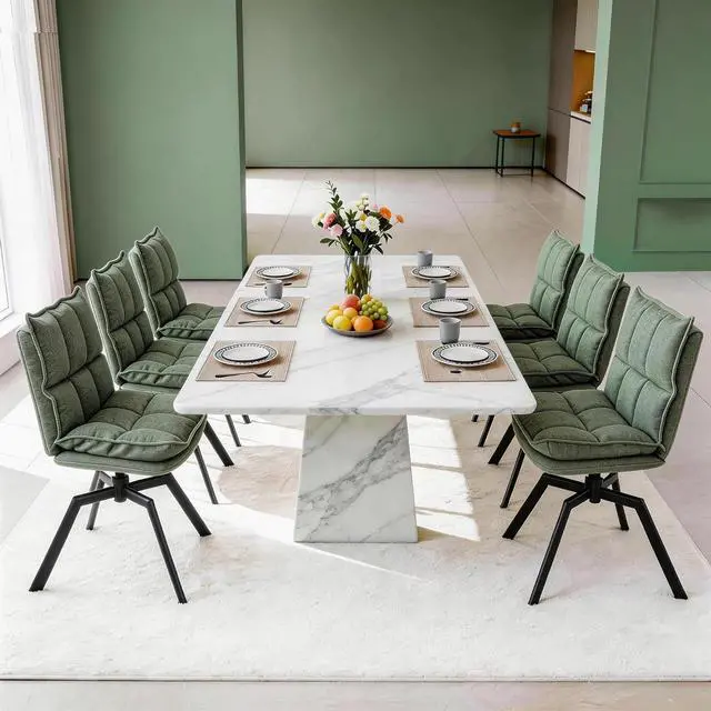 Main image of Swivel Dining Chairs Set of 6, Mid-Century Modern Chairs with Linen Fabric, High Back with High-Density Stuffed PP Cotton & Automatic Swivel Metal Legs, Suitable for Kitchen & Living Room(Green)