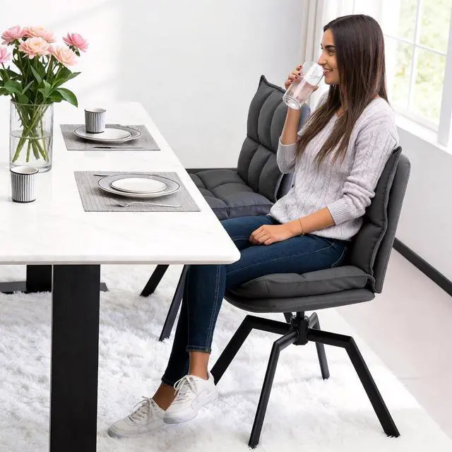 Alt view image 6 of 7 - KEEZY Swivel Dining Chairs Set of 4, Mid-Century Modern Chairs with Linen Fabric, High Back with High-Density Stuffed PP Cotton & Automatic Swivel Metal Legs, Suitable for Kitchen & Living Room(Grey)