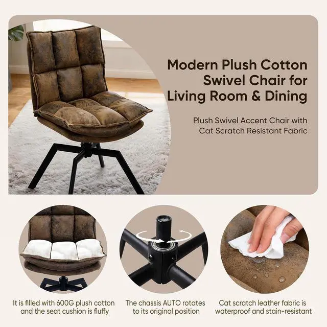 Alt view image 4 of 7 - KEEZY Swivel Dining Chairs Set of 4, 360°AUTO Swivel Cat Scratch Resistant Faux Leather Chair with Padded Seat, Sturdy Metal Legs for Dining Room & Living Room