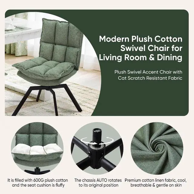 Alt view image 3 of 7 - Swivel Dining Chairs Set of 4, Mid-Century Modern Chairs with Linen Fabric, High Back with High-Density Stuffed PP Cotton & Automatic Swivel Metal Legs, Suitable for Kitchen & Living Room(Green)