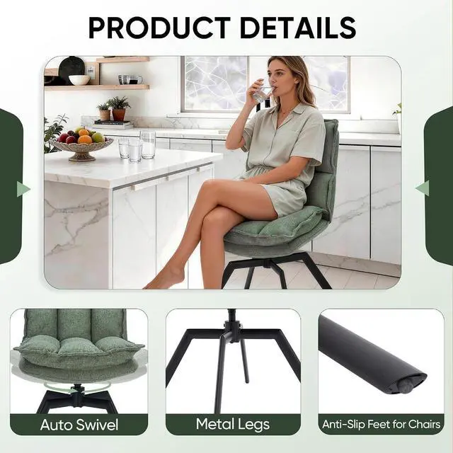 Alt view image 4 of 7 - Swivel Dining Chairs Set of 4, Mid-Century Modern Chairs with Linen Fabric, High Back with High-Density Stuffed PP Cotton & Automatic Swivel Metal Legs, Suitable for Kitchen & Living Room(Green)