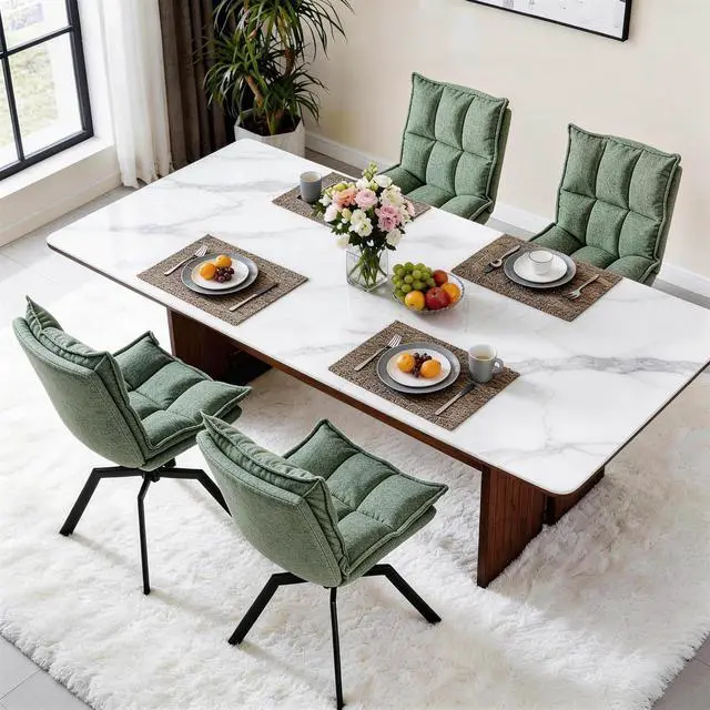Main image of Swivel Dining Chairs Set of 4, Mid-Century Modern Chairs with Linen Fabric, High Back with High-Density Stuffed PP Cotton & Automatic Swivel Metal Legs, Suitable for Kitchen & Living Room(Green)