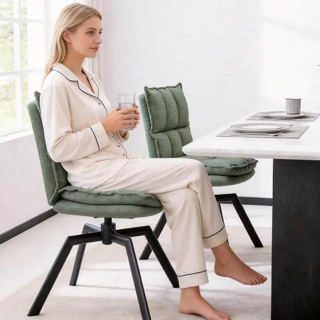 Alt view image 6 of 7 - Swivel Dining Chairs Set of 2, Mid-Century Modern Chairs with Linen Fabric, High Back with High-Density Stuffed PP Cotton & Automatic Swivel Metal Legs, Suitable for Kitchen & Living Room(Green)