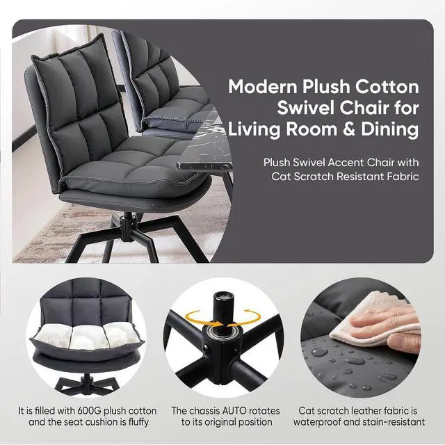 Alt view image 4 of 7 - KEEZY Swivel Dining Chairs Set of 2, 360°AUTO Swivel Cat Scratch Resistant Faux Leather Chair with Padded Seat, Sturdy Metal Legs for Dining Room & Living Room