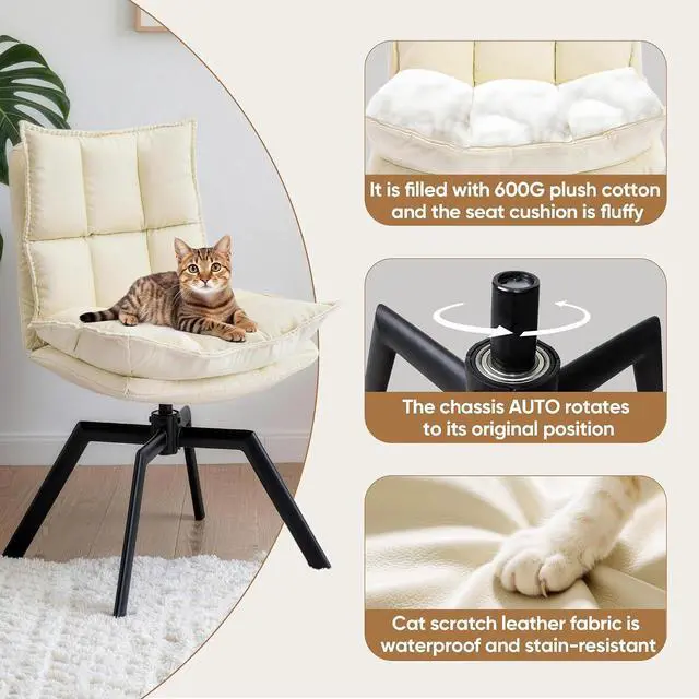 Alt view image 3 of 7 - KEEZY Cream Style Accent Chair Set of 2, Cat-Scratch Leather Vanity Chair with 360° Auto Return Swivel, High Density Padding & Metal Legs, Ideal for Bedroom,Living Room andHome OfficeBeige