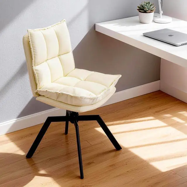 Alt view image 7 of 7 - KEEZY Cream Style Accent Chair Set of 2, Cat-Scratch Leather Vanity Chair with 360° Auto Return Swivel, High Density Padding & Metal Legs, Ideal for Bedroom,Living Room andHome OfficeBeige