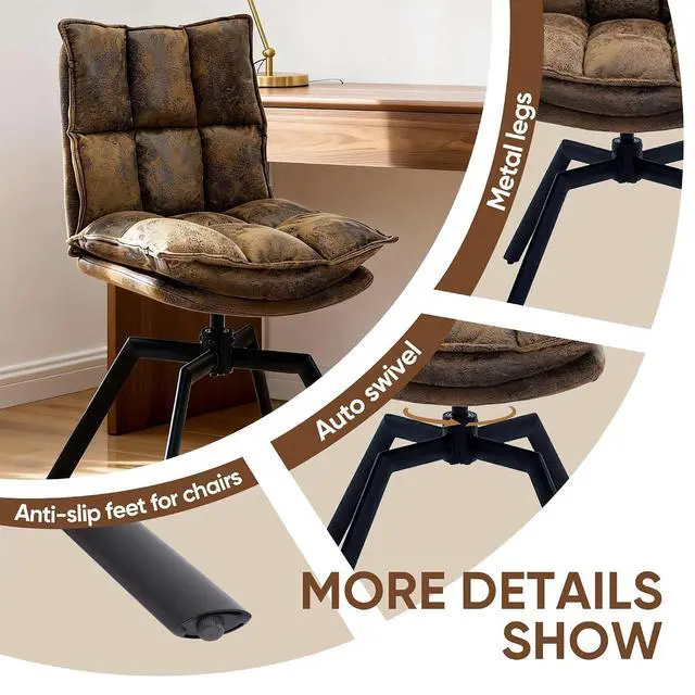 Alt view image 4 of 7 - KEEZY Mid-Century Modern Accent Chair Set of 2, Cat-Scratch Leather Vanity Chair with 360° Auto Return Swivel, High Density Padding & Metal Legs, Ideal for Bedroom,Living Room andHome OfficeBrown