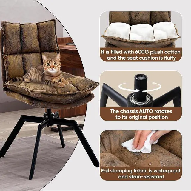 Alt view image 3 of 7 - KEEZY Mid-Century Modern Accent Chair Set of 2, Cat-Scratch Leather Vanity Chair with 360° Auto Return Swivel, High Density Padding & Metal Legs, Ideal for Bedroom,Living Room andHome OfficeBrown