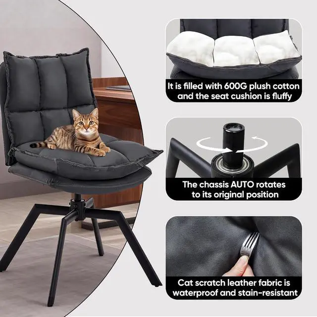 Alt view image 3 of 7 - KEEZY Modern Accent Chair Set of 2, Cat-Scratch Leather Vanity Chair with 360° Auto Return Swivel, High Density Padding & Metal Legs, Ideal for Bedroom,Living Room andHome OfficeGrey