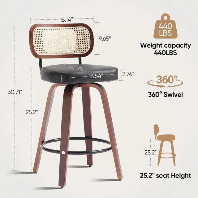 Alt view image 2 of 5 - KEEZY Bar Stools Set of 2,Upholstered PU Leather Counter Height Barstools with Back and Bent Wood Legs,360°Swivel,Mid-Century Modern Bar Stool for Kitchen Island and Bar(Black)