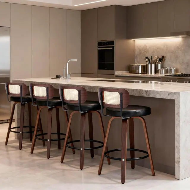 Alt view image 3 of 5 - KEEZY Bar Stools Set of 2,Upholstered PU Leather Counter Height Barstools with Back and Bent Wood Legs,360°Swivel,Mid-Century Modern Bar Stool for Kitchen Island and Bar(Black)