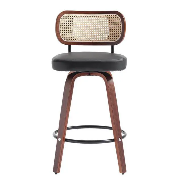 Alt view image 4 of 5 - KEEZY Bar Stools Set of 2,Upholstered PU Leather Counter Height Barstools with Back and Bent Wood Legs,360°Swivel,Mid-Century Modern Bar Stool for Kitchen Island and Bar(Black)