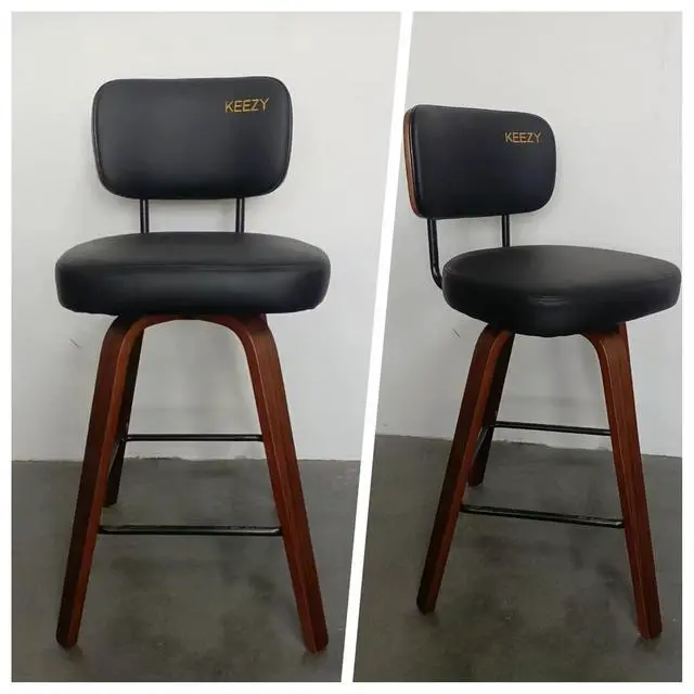 Alt view image 5 of 5 - KEEZY Bar Stools Set of 2,Upholstered PU Leather Counter Height Barstools with Back and Bent Wood Legs,360°Swivel,Mid-Century Modern Bar Stool for Kitchen Island and Bar(Black)