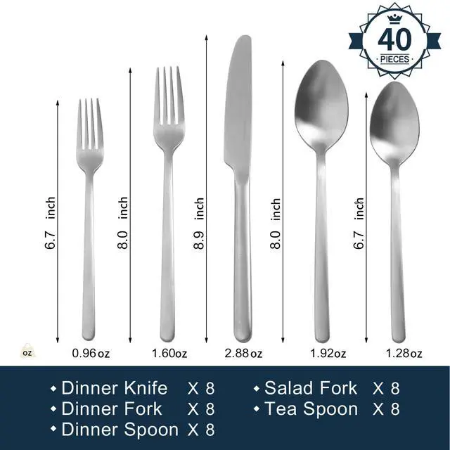 Alt view image 2 of 7 - KINGSTONE 40 Piece Silverware Set, Flatware Set for 8, 18/10 Stainless Steel Cutlery Set Mirror Polished Modern Design Dishwasher Safe, Matte Silver
