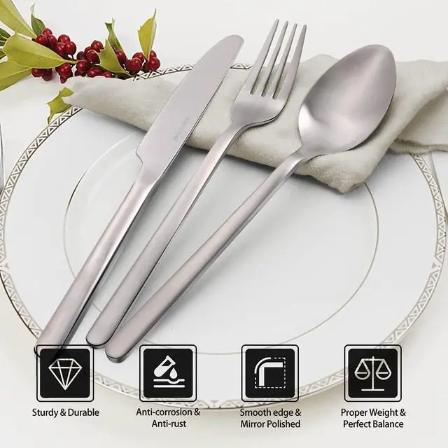 Alt view image 3 of 7 - KINGSTONE 30 Pieces Silverware Set, Flatware Cutlery Set for 6, 18/10 Stainless Steel Silverware Utensils Minimalist Design Dishwasher Safe, Matte Silver