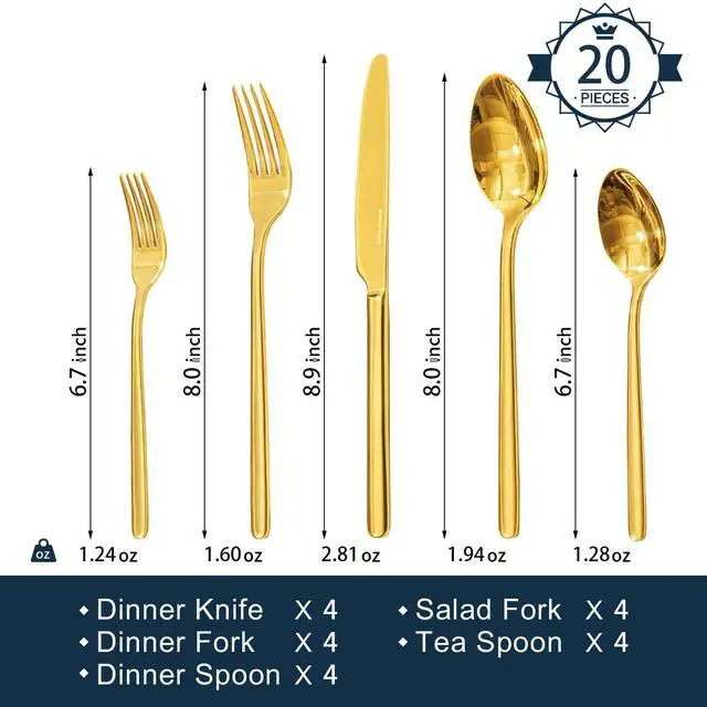 Alt view image 2 of 7 - KINGSTONE Gold Silverware Set, 20 Piece Flatware Cutlery Set for 4, 18/10 Stainless Steel Silverware Mirror Polished Dishwasher Safe for Home, Restaurant, Wedding, Party(Gold, 20 pieces for 4)