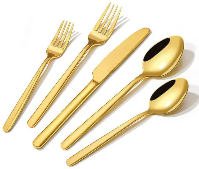 Main image of KINGSTONE Gold Silverware Set, 20 Piece Flatware Cutlery Set for 4, 18/10 Stainless Steel Silverware Mirror Polished Dishwasher Safe for Home, Restaurant, Wedding, Party(Gold, 20 pieces for 4)