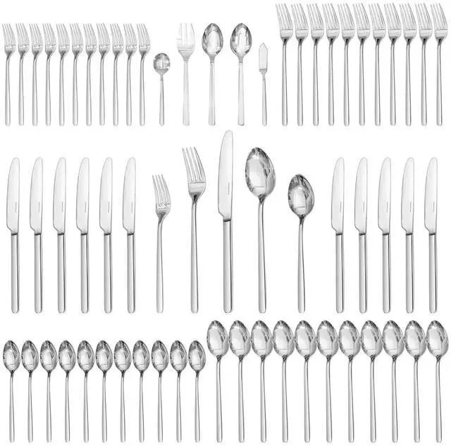 Main image of KINGSTONE 65 Piece Silverware Set with Serving utensils, Flatware Set for 12, 18/10 Stainless Steel Cutlery Set Mirror Polished Modern Design Dishwasher Safe