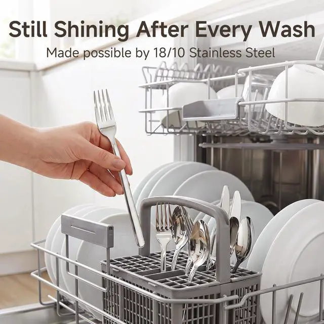 Alt view image 5 of 7 - KINGSTONE 65 Piece Silverware Set with Serving utensils, Flatware Set for 12, 18/10 Stainless Steel Cutlery Set Mirror Polished Modern Design Dishwasher Safe