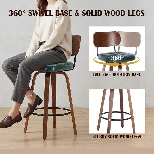 Alt view image 4 of 7 - KEEZY Bar Stools Set of 2, 30''Counter Height Barstools with Backrest, Wax Leather Upholstered Bar Chairs, Walnut Bentwood Legs Footrest, Barstools for Home Bar Cafe PubGreen