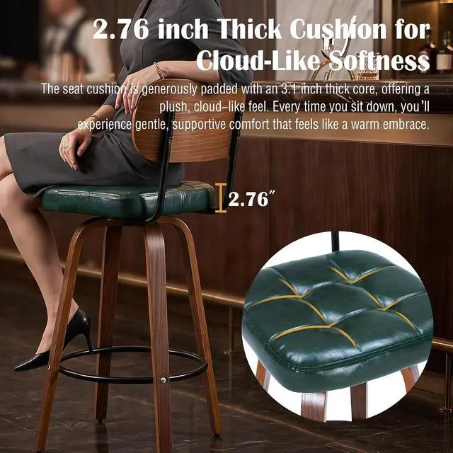 Alt view image 6 of 7 - KEEZY Bar Stools Set of 2, 30''Counter Height Barstools with Backrest, Wax Leather Upholstered Bar Chairs, Walnut Bentwood Legs Footrest, Barstools for Home Bar Cafe PubGreen