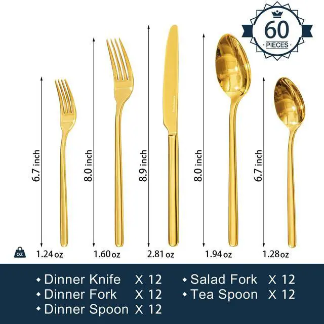 Alt view image 2 of 7 - KINGSTONE Gold Silverware Set, 60 Piece Flatware Cutlery Set for 12, 18/10 Stainless Steel Silverware Mirror Polished Dishwasher Safe for Home, Restaurant, Wedding, Party(Gold, 60 pieces for 12)